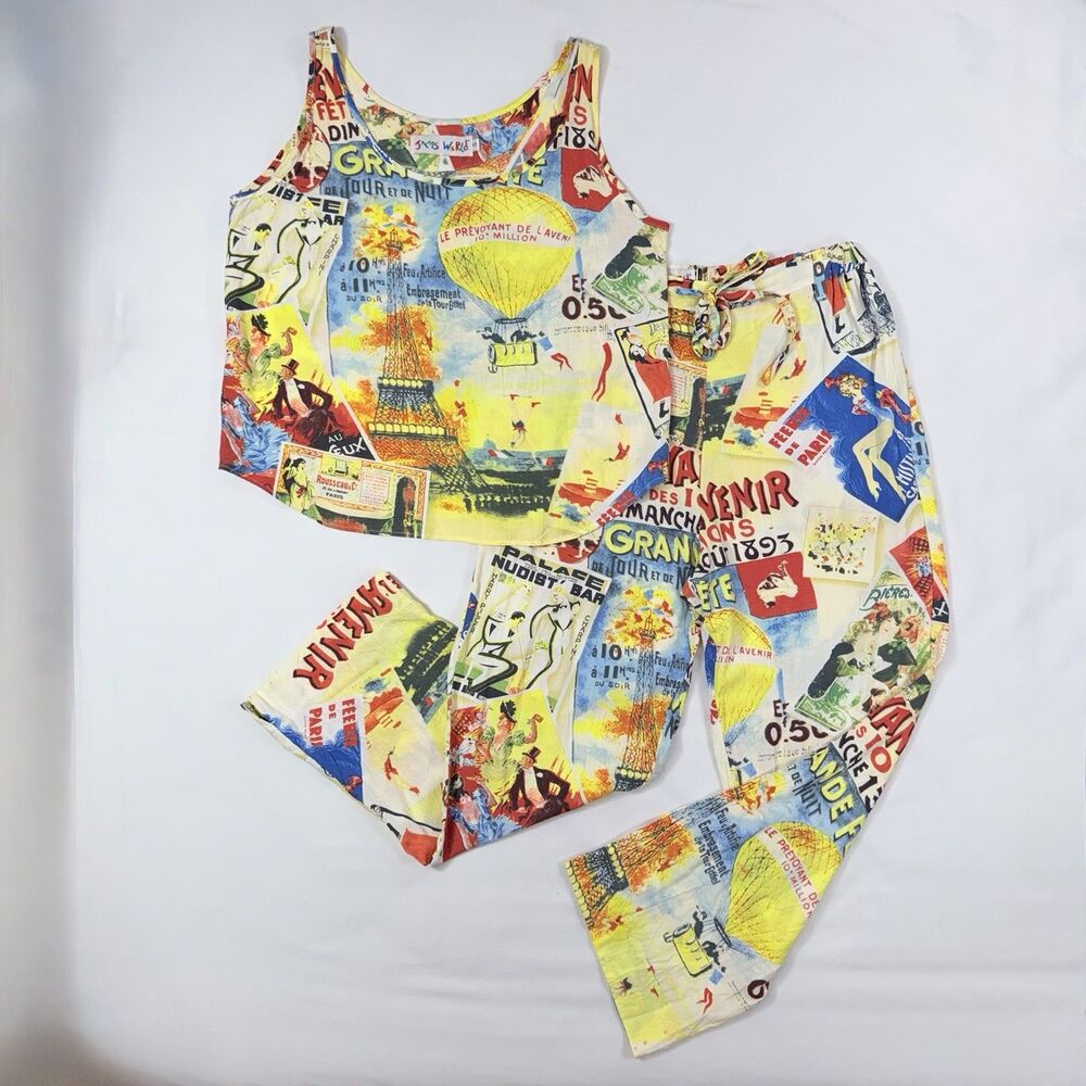 Jams World France French Collage Print 2 Pc Set - SMALL Tank Top & XS Pants VTG